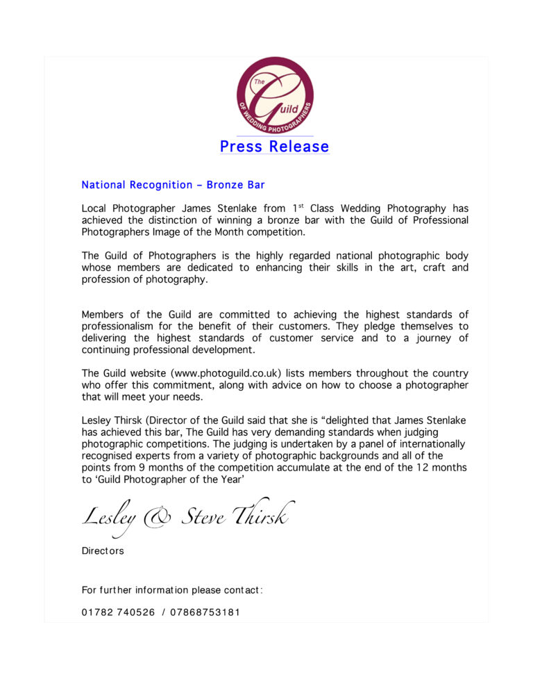 PRESS RELEASE – National Recognition – Bronze Bar from the Guild of Wedding Photographers