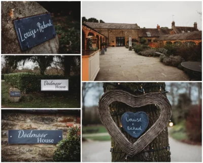 Rustic wedding venue Dodmoor House with personalized signs.