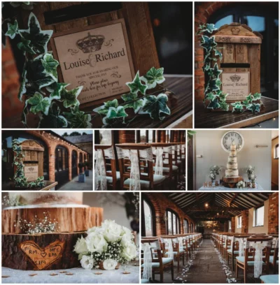 Rustic wedding decorations collage.