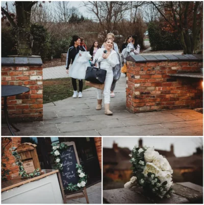 Bridal party arriving, welcome wedding sign, white bridal bouquet.