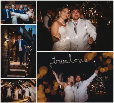 Collage of joyous wedding night celebrations with sparklers.