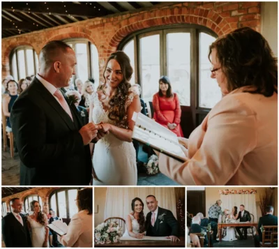 Wedding ceremony moments in a rustic venue.