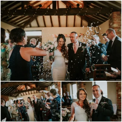 Wedding couple celebrating with guests and confetti indoors.