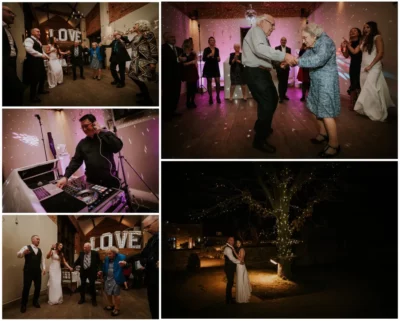 Wedding reception dancing, DJ, and outdoor evening romance.