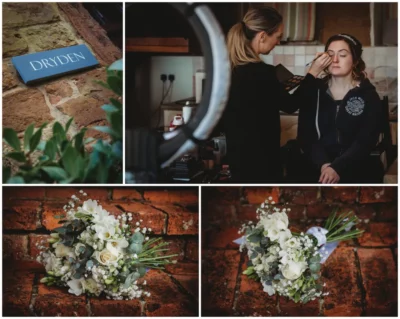 Collage of wedding venue sign, makeup session, and bridal bouquets.