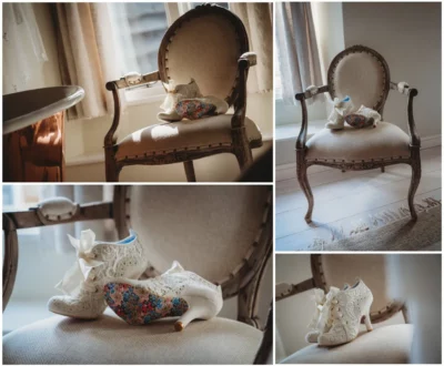 Elegant vintage chair with decorative bridal shoes.