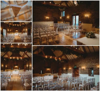Rustic wedding venue interior with wooden chairs.