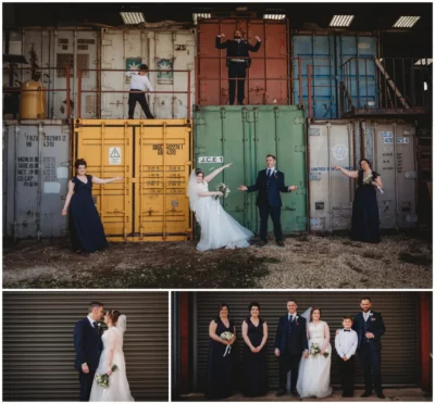 Bridal party posing with colorful shipping containers.
