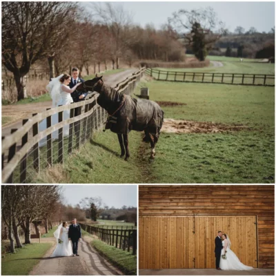 Bride and groom posing with horse in countryside setting.
