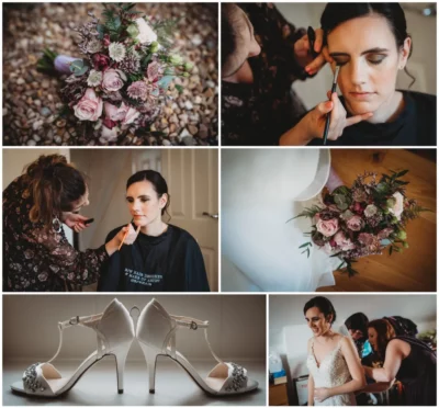 Bride's preparation, makeup, bouquet, shoes, wedding dress details.