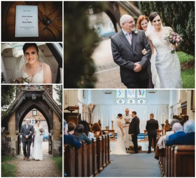 Collage of wedding ceremony moments and details.