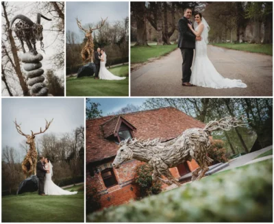 Wedding couple with artistic woodland sculptures.