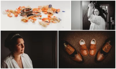 Wedding rings, bride, groom's shoes, joyful bride prep moments.