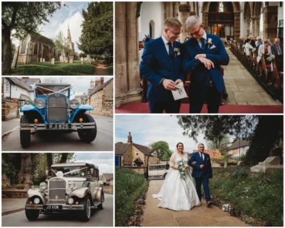 Collage of vintage wedding scenes with classic cars and church.