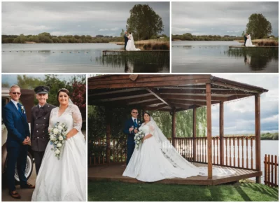 Wedding day moments by a lakeside setting.