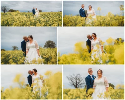 Couple's wedding photoshoot in yellow rapeseed field.