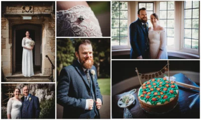 Bride, groom, wedding details, and cake in UK setting.