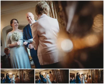 Collage of intimate indoor wedding ceremony moments.