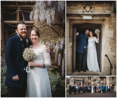 Wedding couple and guests at historic venue with wisteria.