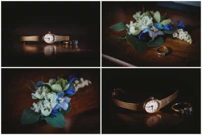 Elegant wedding accessories: watch, rings, and boutonniere.