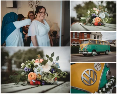 Bride preparation, wedding flowers, vintage Volkswagen camper van.