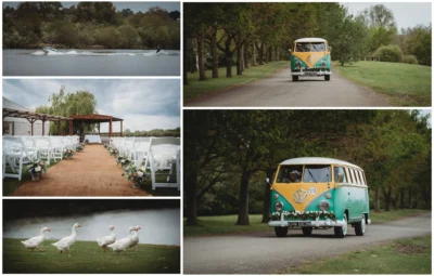 Rustic wedding venue, vintage VW van, waterskiing, walking geese.