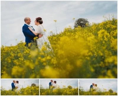 Couple embracing in a yellow flower field.