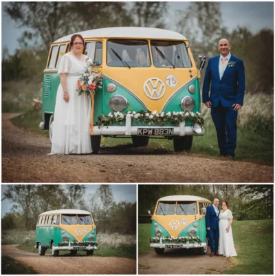 Bride, groom and classic VW camper van at wedding.