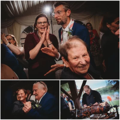 Collage of joyful wedding reception moments.