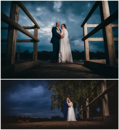 Couple posing in evening wedding photoshoot outdoors