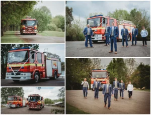 Fire engine and group of smartly dressed people outdoors.
