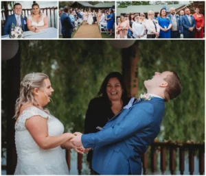 Joyful wedding moments: ceremony, couple smiling, laughing guests.