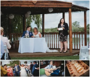 Wedding ceremony collage with couple, speaker, musician, and food.
