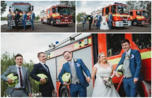 Wedding party posing with fire engine, joyful celebration.