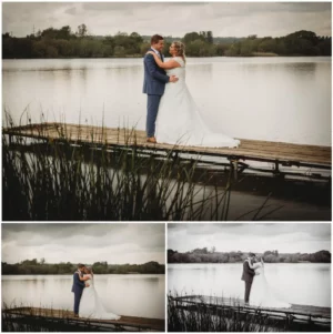 Wedding couple embracing on lakeside jetty, serene natural setting.