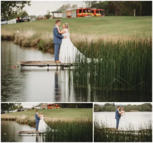 Couple embracing on jetty by lake, wedding day, serene.