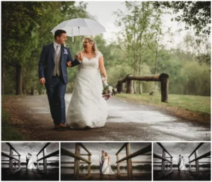 Wedding couple with umbrella on rainy forest path.