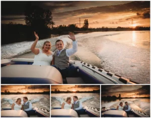 Couple enjoying sunset boat ride on wedding day.
