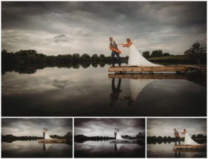 Wedding couple on dock with lake reflection.