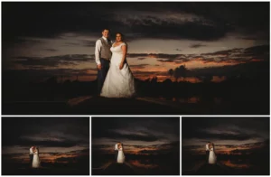 Couple poses at sunset, wedding photography.