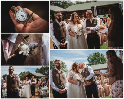 Collage of rustic wedding ceremony moments and details.