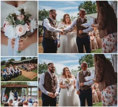 Outdoor wedding ceremony moments collage.
