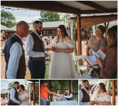 Outdoor wedding ceremony montage with exchanging rings and kiss.