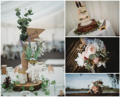 Rustic wedding decor, cake, and bouquets.