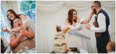 Bridesmaids laughing, couple cutting wedding cake together.