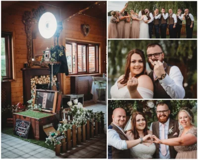 Wedding day moments: decor, couple, and bridal party.