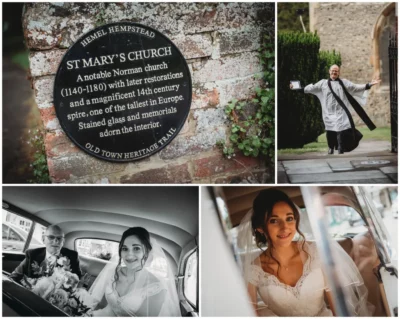 Historic church plaque, joyous vicar, bridal car moments.
