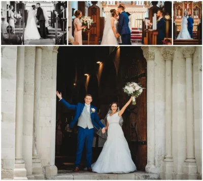 Diverse wedding moments collage at a church ceremony.