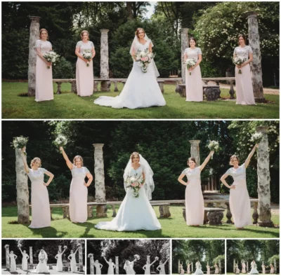 Bridal party posing outdoors, joyful and elegant wedding day.