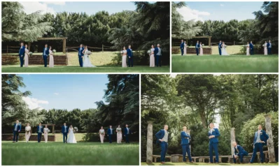 Outdoor wedding party photoshoot in lush greenery.